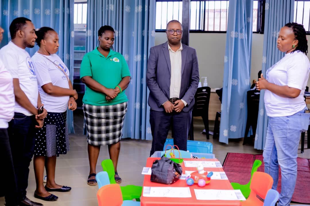 Team members and partners meeting in a children's play room